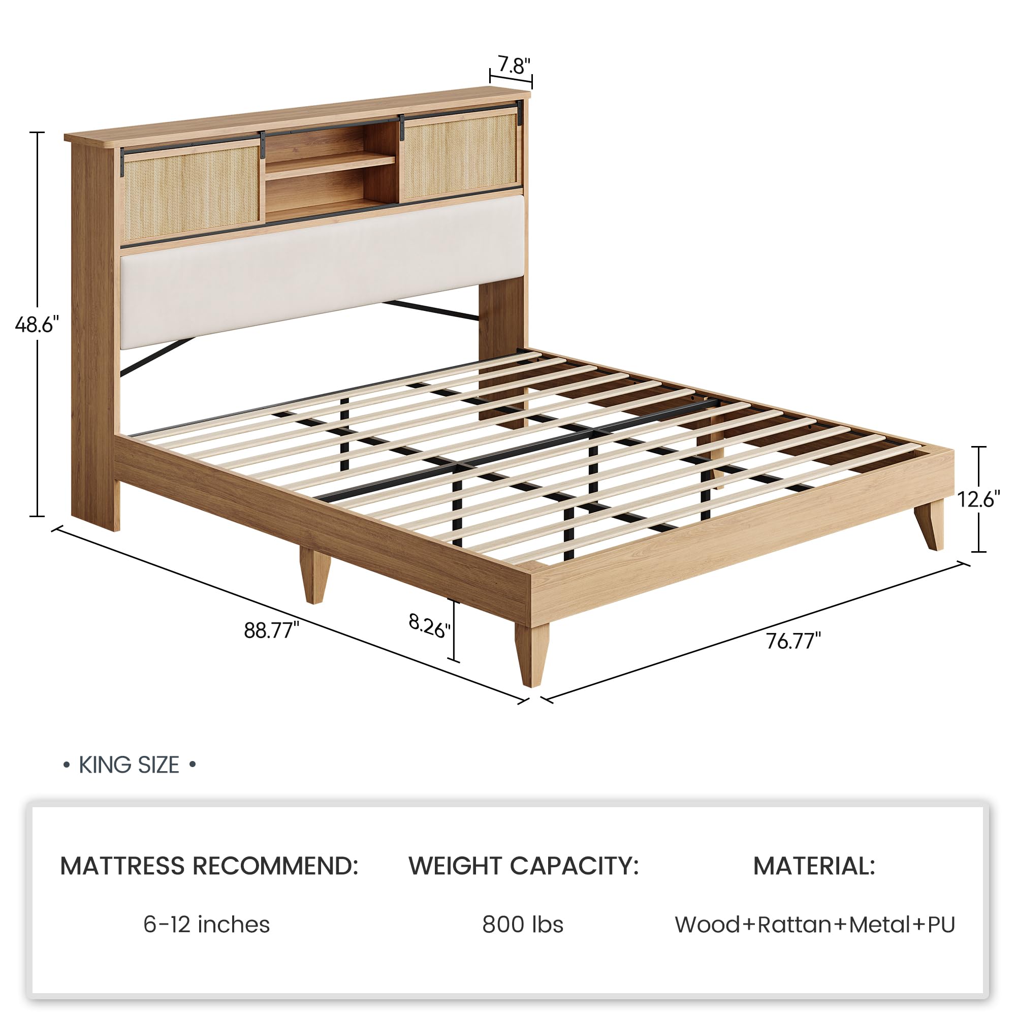 GarveeHome Rattan King Bed Frame with Sliding Door Shelf Headboard, Bohemian Rattan Bed Frame King Size with Shelves, Solid Wood Foundation with Silent Slats, No Box Spring Needed, Natural