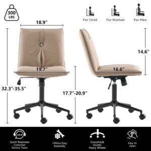 YOUNIKE Ergonomic Armless Office Chair 360°Swivel Home Desk Chair with Wheels and Back Support for Study Room, Height Adjustable Rolling Chair for Bedroom, Khaki