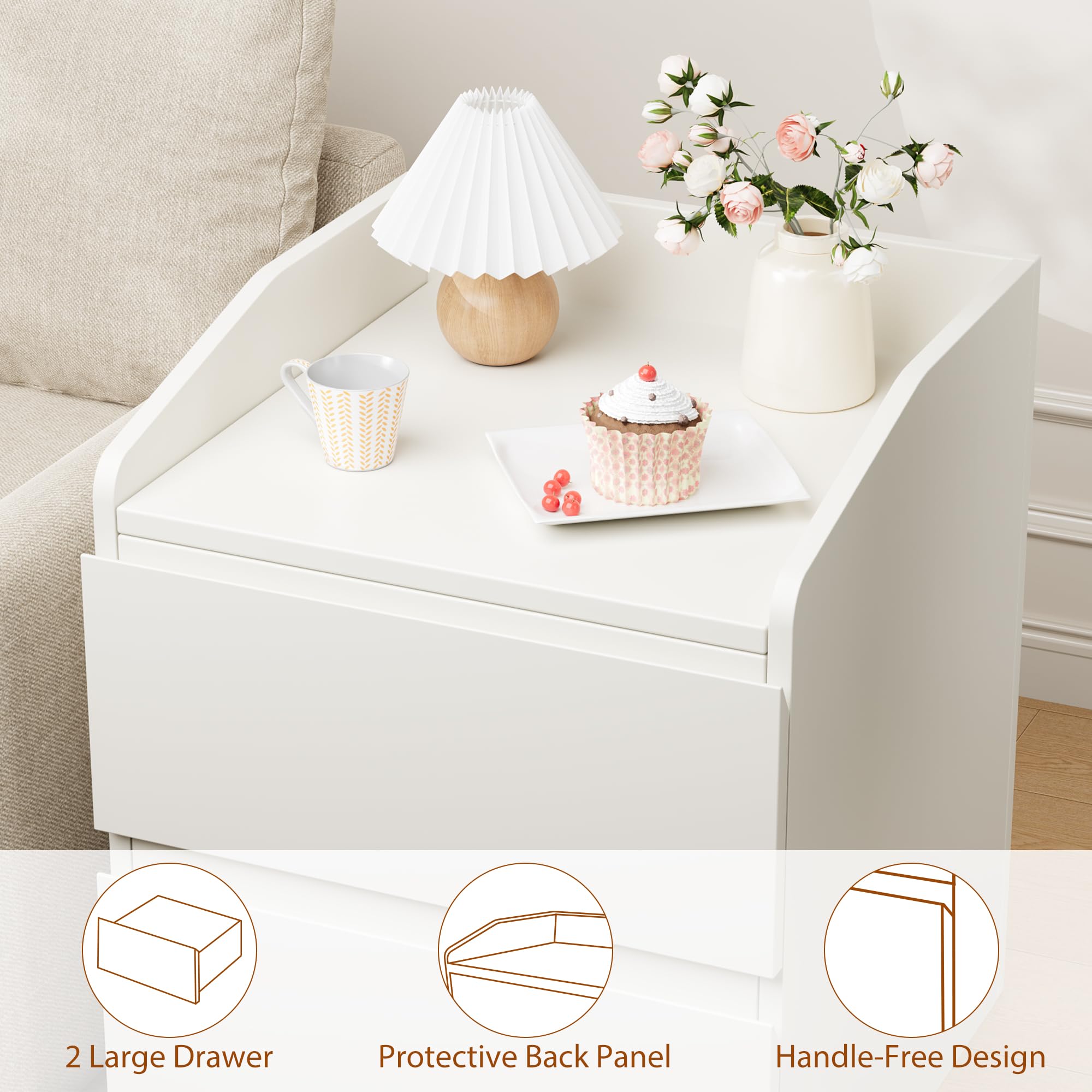 IDEALHOUSE Nightstand with Drawers Bedside Table White End Table Modern Bed Side Table 2 Drawers Night Stand Drom Side Table Curved with Handle Free Design for Living Room