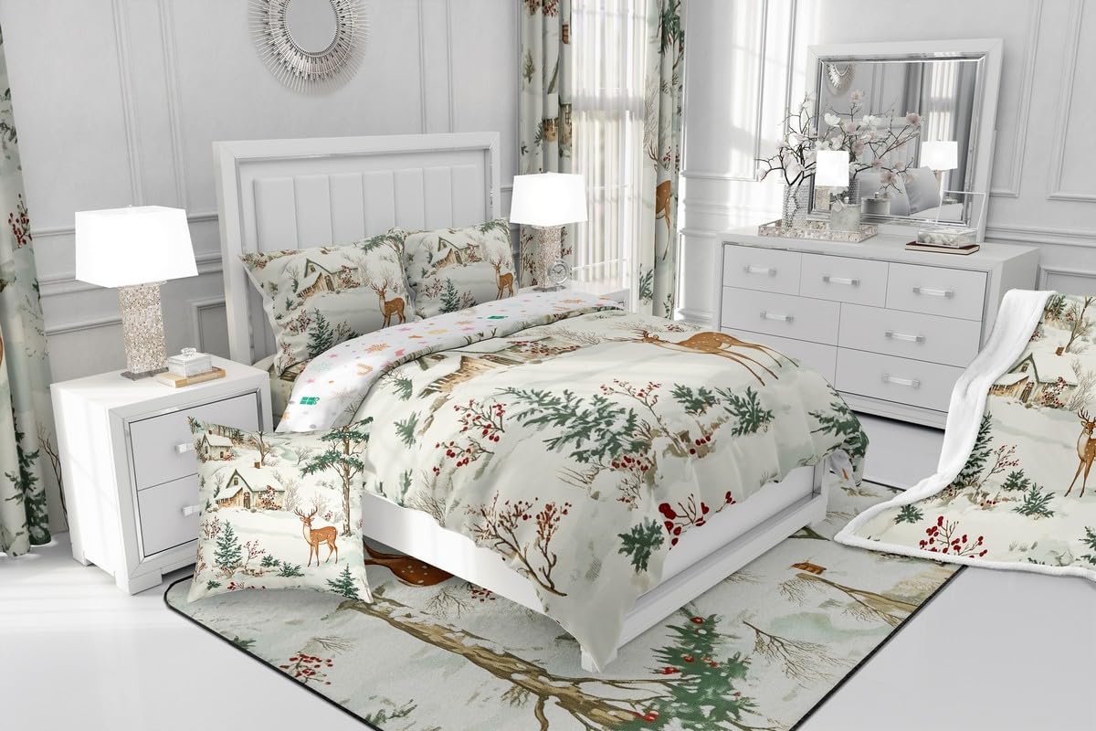 Feelyou Christmas Deer Elk Duvet Cover Set Merry Christmas Pine Tree Bedding Set Twin Size for Boys Girls Bedroom Bed Decor Winter Christmas Xmas Comforter Cover Xmas Quilt Cover for All Season