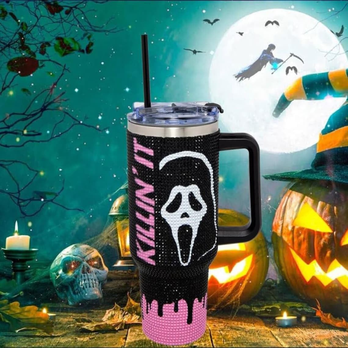 Halloween Ghost Killin'it Face Travel Scream Tumbler with Straw - Scream Cup, 40 oz Ghost Tumbler with Handle and Straw Lid, Halloween Ghost Face Cup