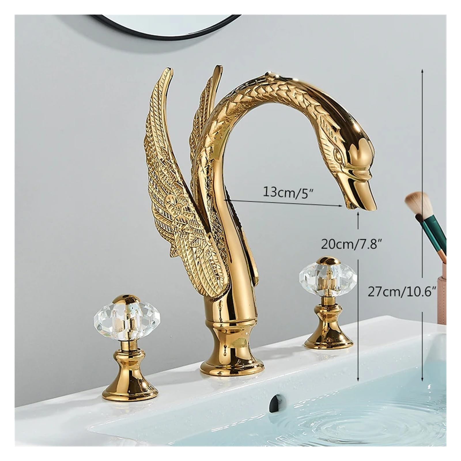 Gold swan Shape Bathroom Faucet Bathtub Double Crystal Handle hot and Cold Mixer(Gold)