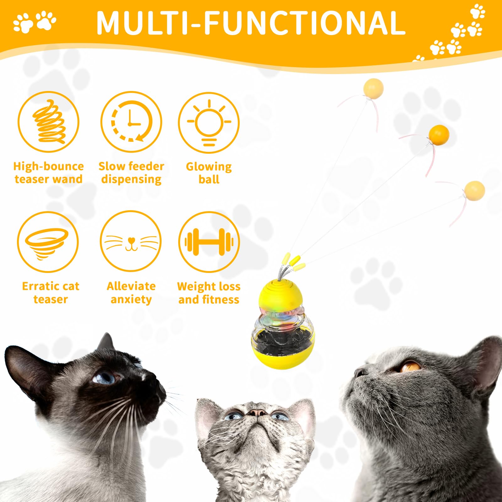 COSOWO Cat Interactive Toys Engaging Wand, Slow Food Treat Dispenser, and Tumbler Design for Indoor Cats Durable, Non-Toxic, Ideal for Exercise and Boredom Relief Gift for Kitten, Yellow