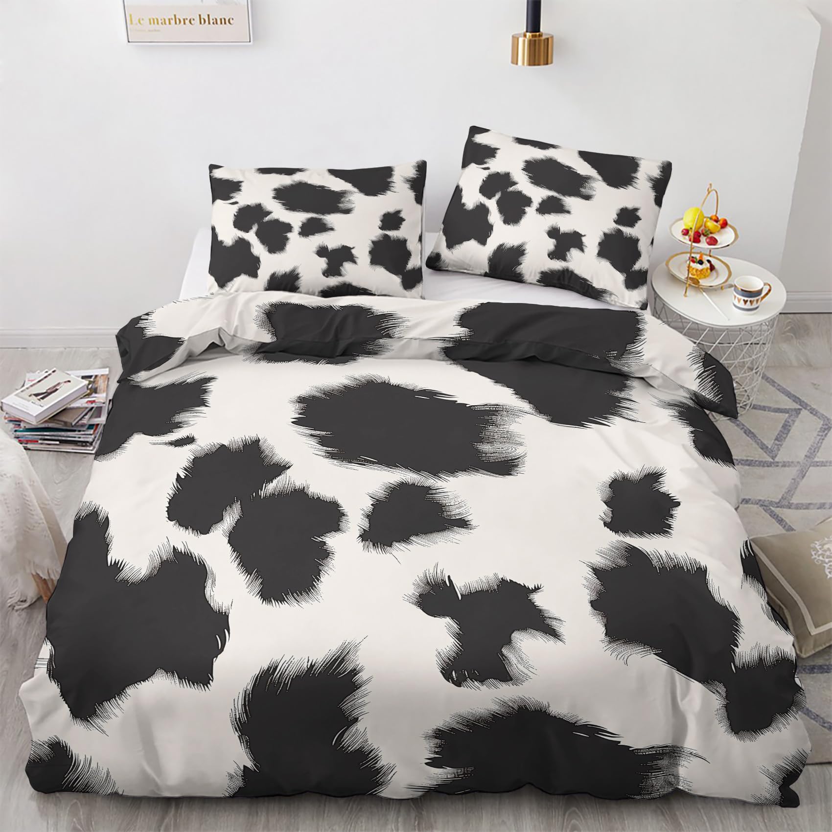 FJWXCBD Cow Print Duvet Cover California King Size, Animal Skin Pattern Bedding Set 3 Piece for Bedroom Decor, Black and White Duvet Cover & 2 Pillow Shams, with Zipper & Ties, Super Soft Microfiber