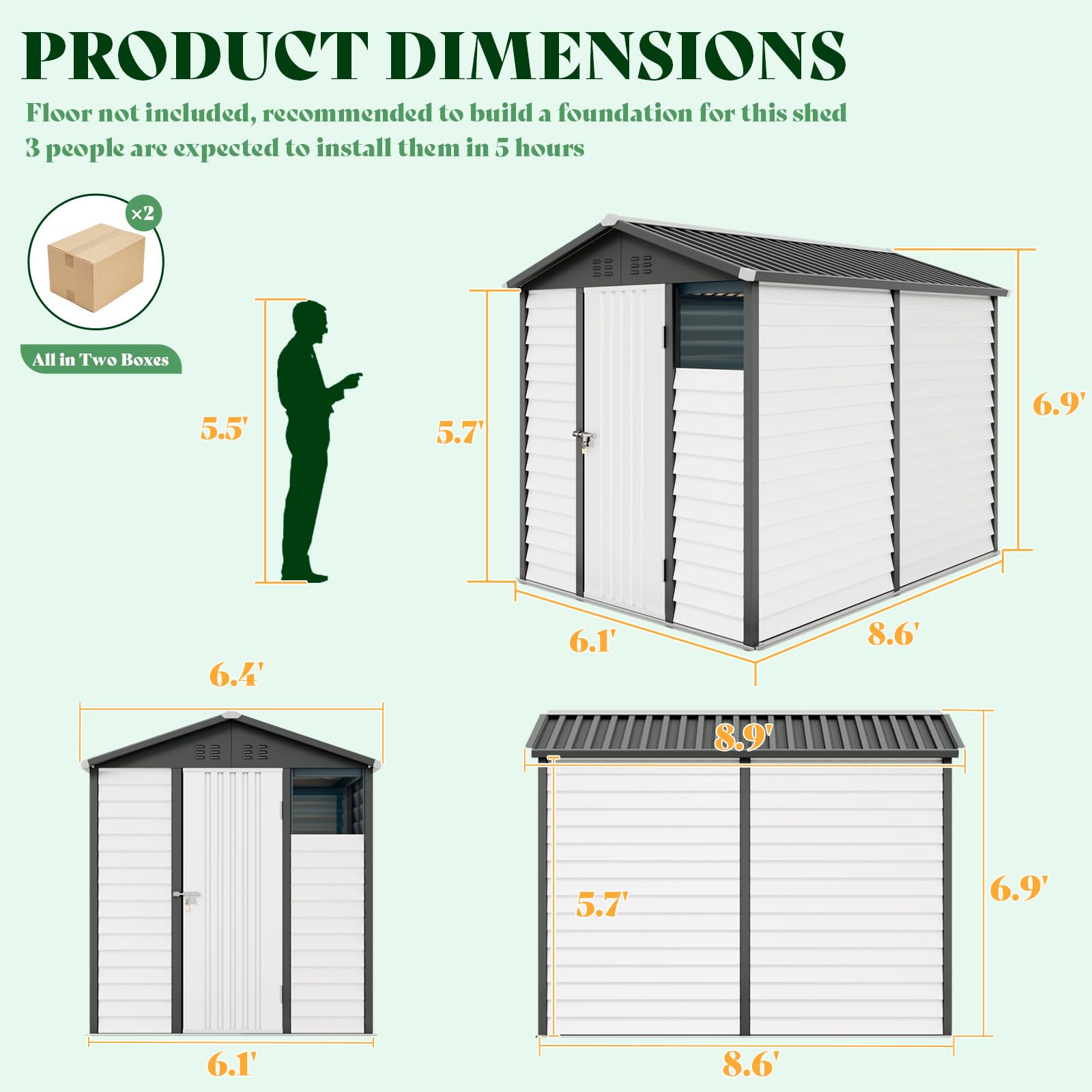 AMERLIFE 6.4x9x7 FT Outdoor Storage Shed, Blinds Design Metal Shed with Clear Window Lockable Hinged Door, Outdoor Shed for Backyard, Garden, Patio, Dark Grey/White