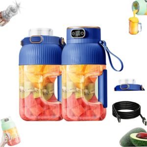 multifunctional portable juicer cup with digital display, portable juicer blender with direct drinking lid, hgwez multifunctional portable juicer cup, portable juicer (blue, double cup+double lid)