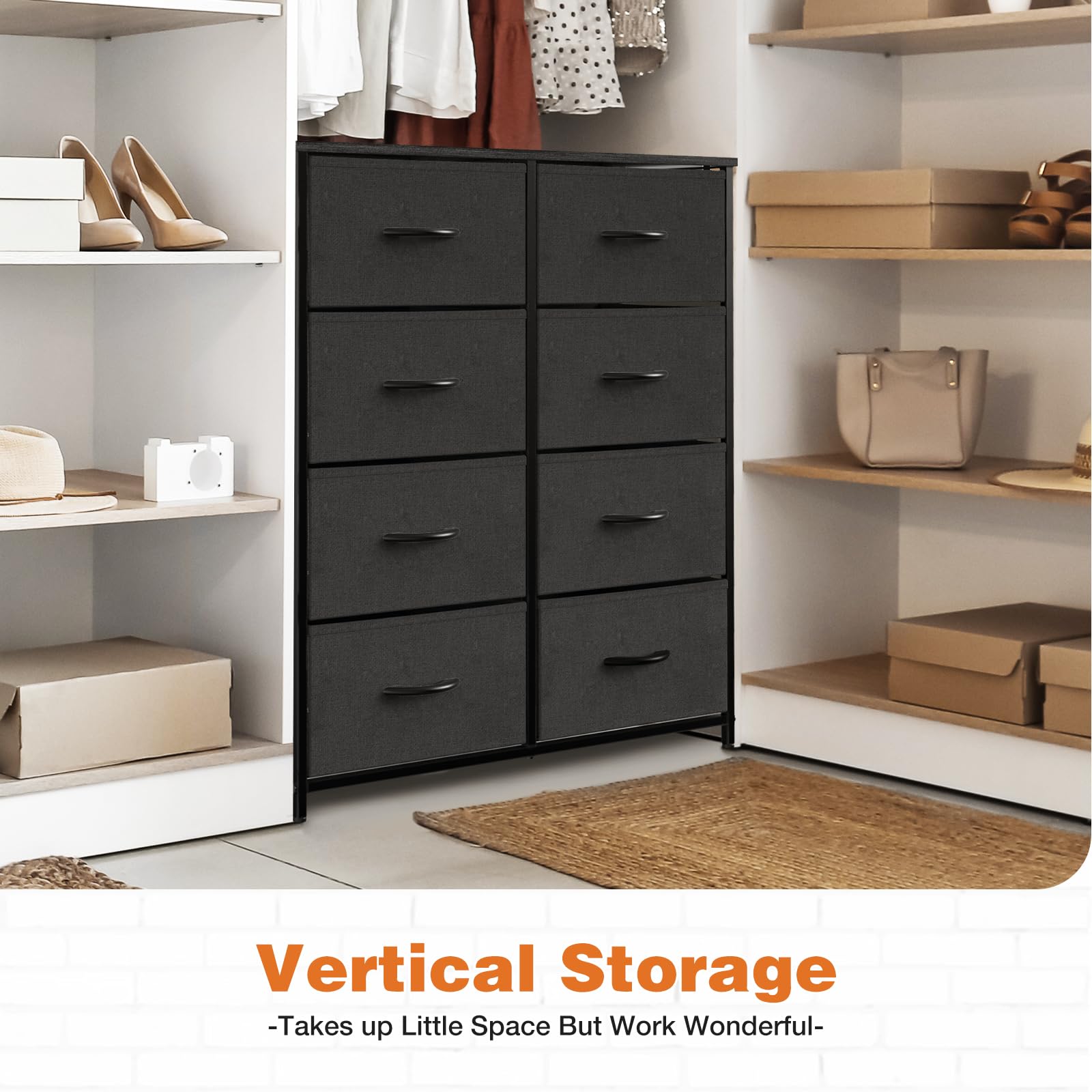 Bedroom Dresser, Tall Dresser and Fabric Storage Tower, Bedroom Chest of Drawers, Organizer Unit with 8 Drawers, Locker, Hallway, Closet, Wooden Top and Sturdy Steel Frame (Black)