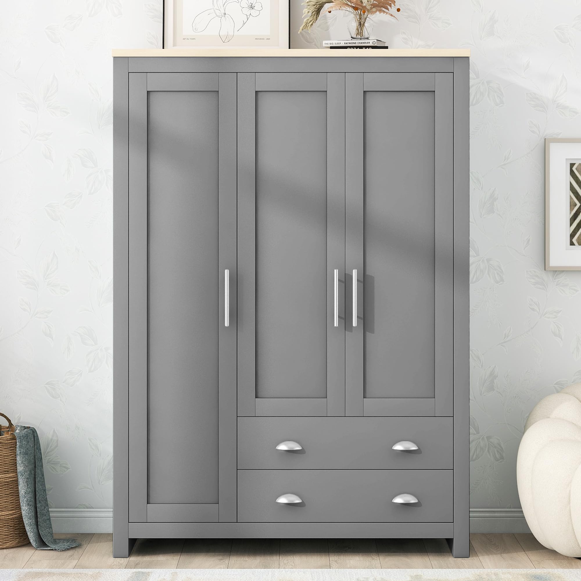 Merax 3 Doors Grey Wood Wardrobe Cabinets, Bedroom Accent Armoire Closet Organizer with Big Drawers, Hanging Rails and Shelve, Functional Clothes Storage Cabinet for Home Room, Dorm, Apartment, Gray