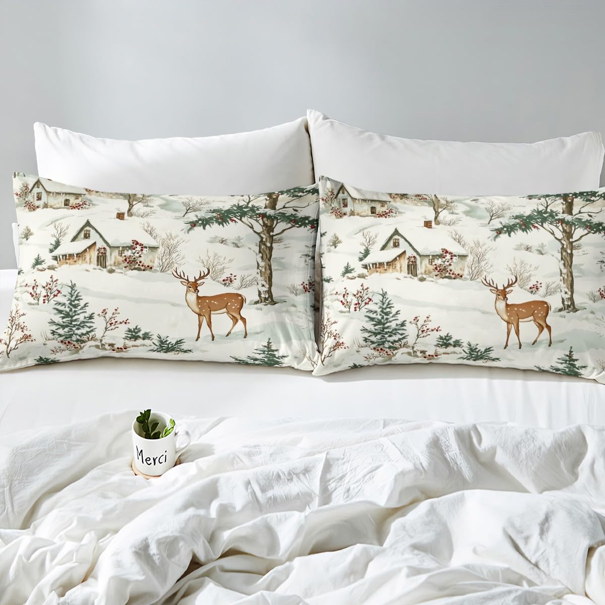 Feelyou Christmas Deer Elk Duvet Cover Set Merry Christmas Pine Tree Bedding Set Twin Size for Boys Girls Bedroom Bed Decor Winter Christmas Xmas Comforter Cover Xmas Quilt Cover for All Season