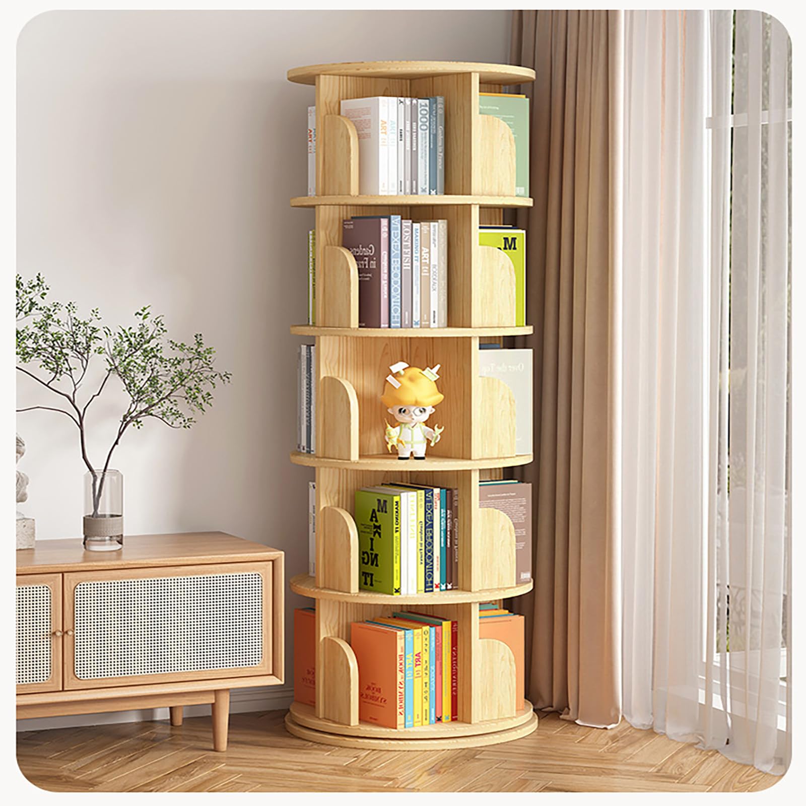 5 Tier Rotating Bookshelf Tower, Spinning Bookcase 360 Revolving Book Shelf, Floor Standing Bookcase Storage Rack for Kids Adults Solid Wood Bookshelf Organizer