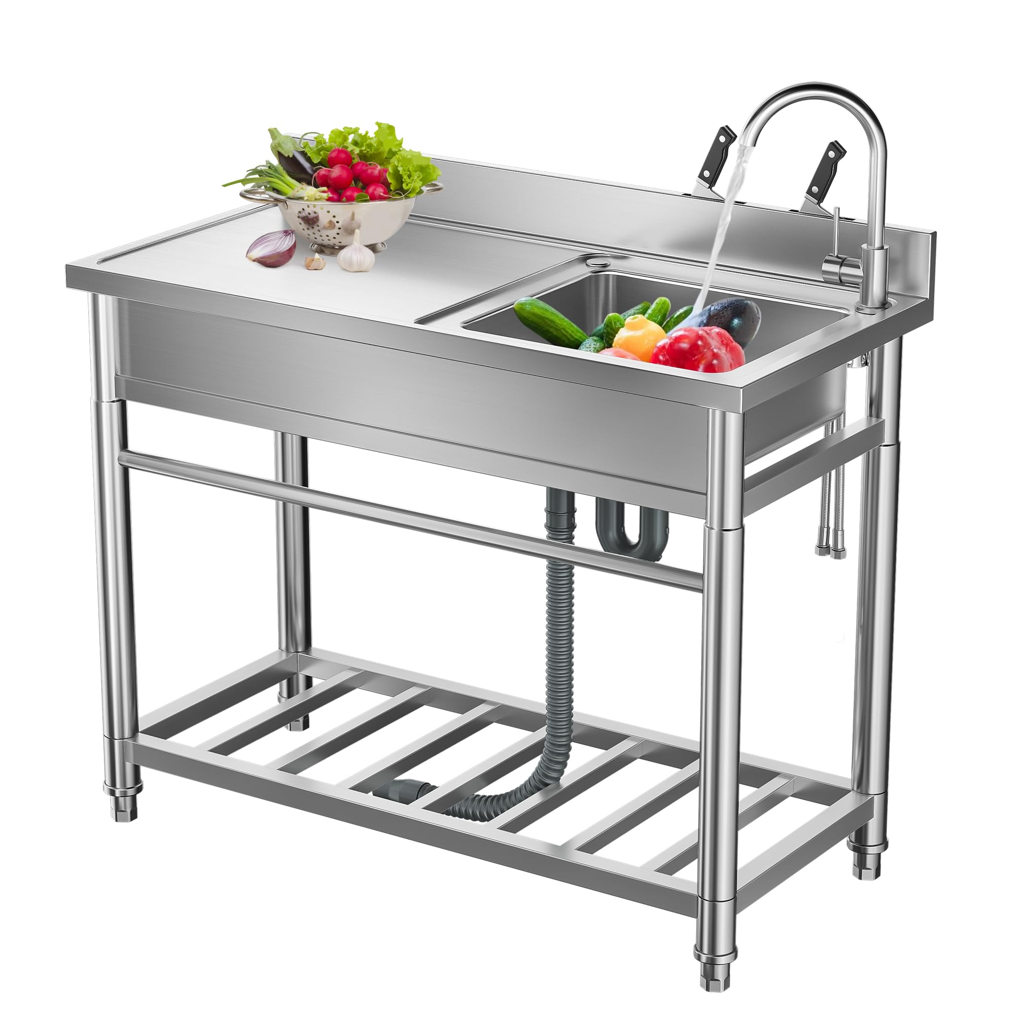 39.3'' Stainless Steel Utility Sink with Cold and Hot Water Pipes, Free Standing Sink with Workbench & Storage, Portable Laundry Sink for Indoor & Outdoor