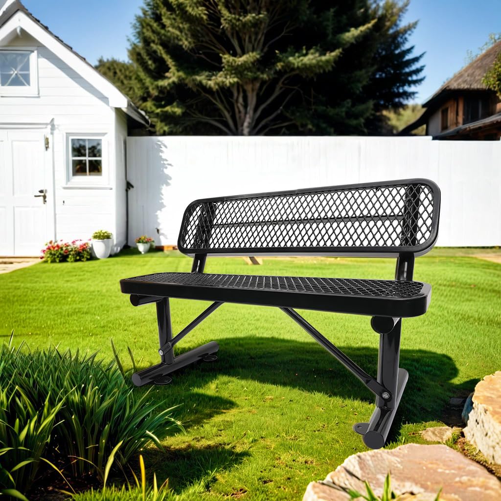 phyfalip 4 ft. Outdoor Steel Bench Patio Porch Furniture with Backrest for Lawn, Yard, Porch, Garden Work, Entryway, Black