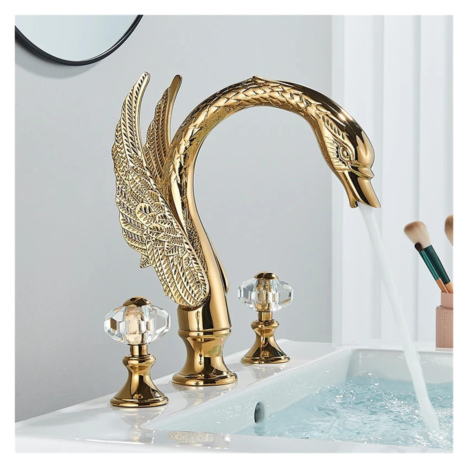 Gold swan Shape Bathroom Faucet Bathtub Double Crystal Handle hot and Cold Mixer(Gold)