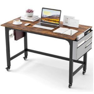 tangkula 48” mobile computer desk with storage bag & 2 hanging hooks, rolling home office writing study desk, rolling pc workstation with lockable universal casters for study room, bedroom