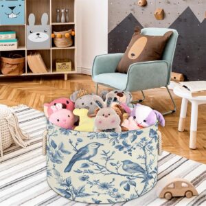 Xosoxruk Blue Birds Branches Round Storage Basket, Collapsible Circle Storage Bin with Rope Handle, Toy Blanket Storage Organizer Decor for Living Room Laundry Room