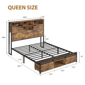 Jocoevol Queen Size Bed Frame with Charging Station, LED Bed Frame with Bookcase Storage Headboard, Footboard Sliding Barn Door, Platform Bed with Heavy Duty Metal Slats, No Box Spring Needed (Queen)