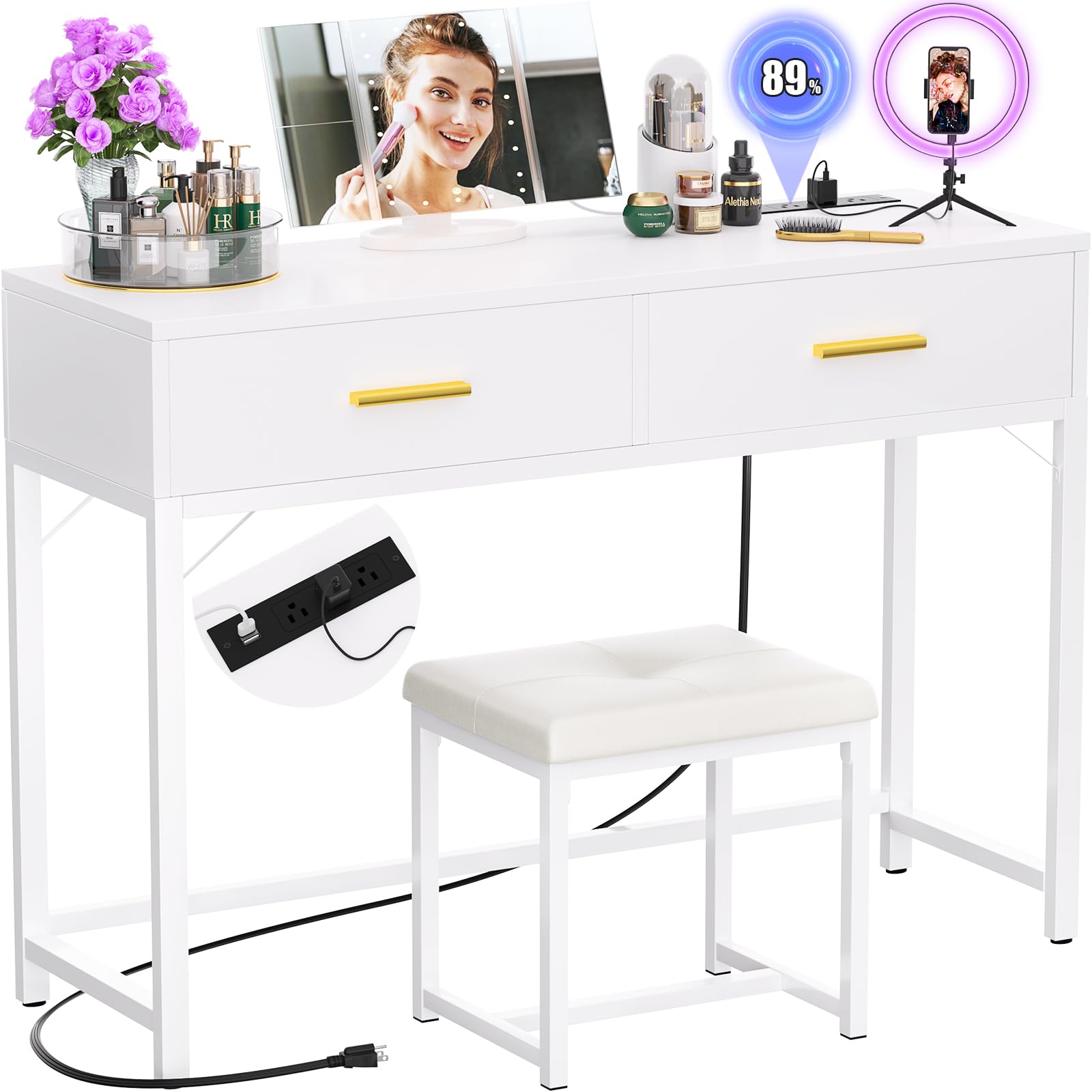 Girapow Vanity Desk with Power Outlets and Lights, 36'' Makeup Vanity with Tri Fold Lighted Mirror, White Vanity Set with Drawers, Vanity Table with Cushion Stool, Small Makeup Table for Bedroom,White