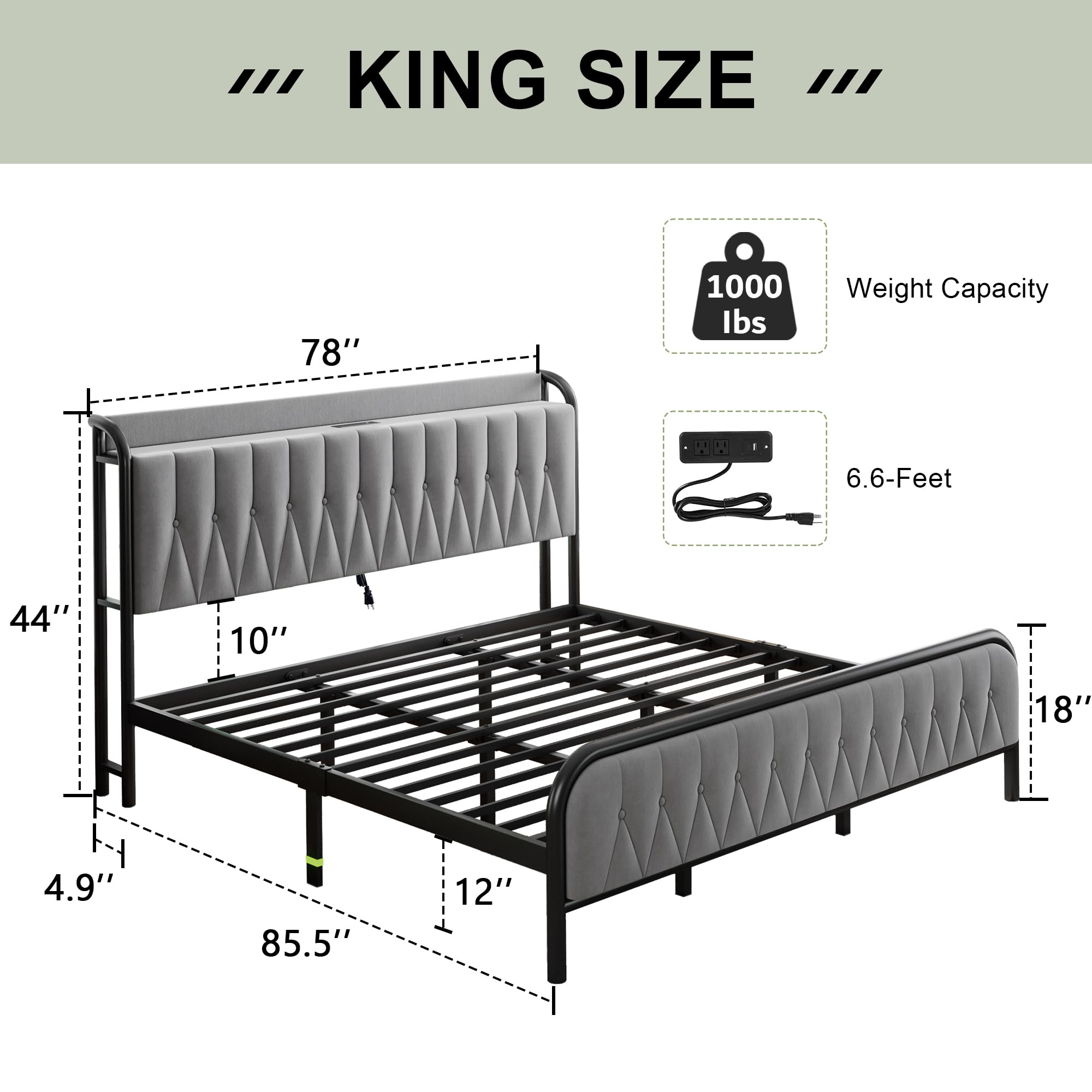 Feonase Velvet King Szie Bed Frame with Fast Charging Station,Metal Platform Beds with Upholstered Headboard & Footboard,12" Underbed Storage Space, Easy Assembly,Noise-Free,Matte Gray