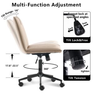 YOUNIKE Ergonomic Armless Office Chair 360°Swivel Home Desk Chair with Wheels and Back Support for Study Room, Height Adjustable Rolling Chair for Bedroom, Khaki