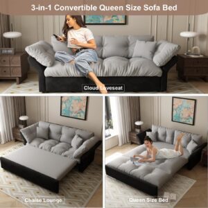 KIVENJAJA 74.8” Queen Pull Out Sofa Bed, 3 in 1 Convertible Sleeper Sofa Futon Pullout Couch, Velvet Tufted Cloud Loveseat with 2 Pillows for Living Room Bedroom Apartment, Grey