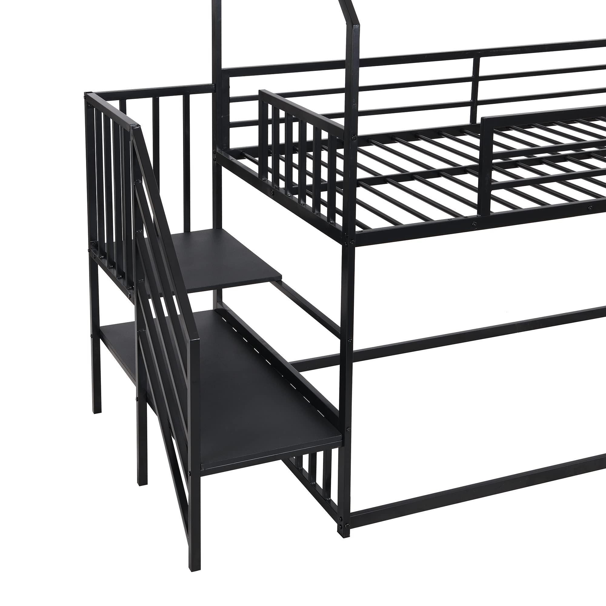 THINK 30 Metal House Bunk Bed, House Bed with Slide and Staircase, Twin Size, Black