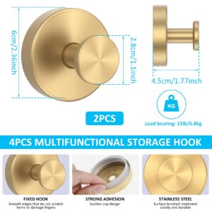 UKQRRTC 2Pcs Suction Cup Hooks 15lbs Stainless Steel Suction Cup Shower Hook Waterproof Rustproof Bathroom Towel Hanger No-Drill Towel Coat Hook for Mirrors Tiles Glass (Gold)