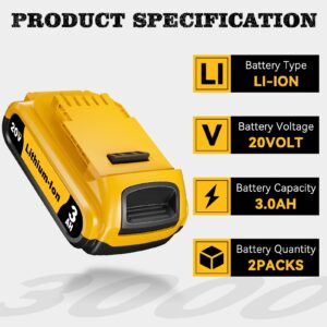 2Pack DCB201 3.0Ah 20V Battery Replacement for Dewalt 20V MAX Battery Compatible with Dewalt Battery DCB200 DCB204 DCB206 DCB201 DCB203 20V Cordless Tools