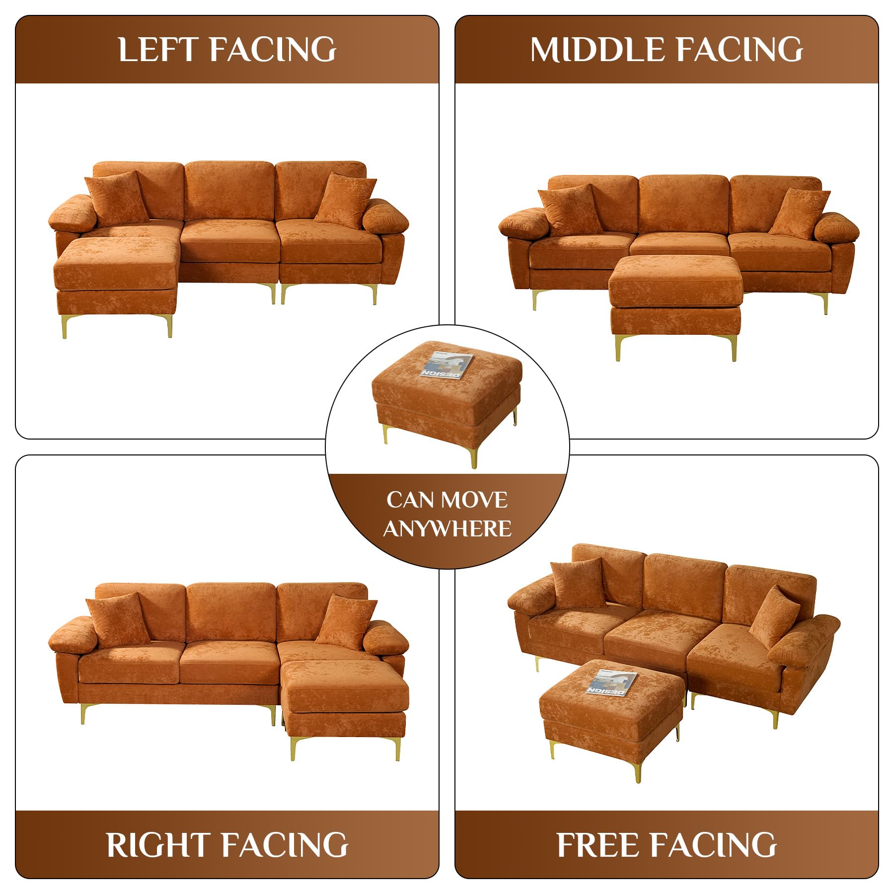 OUYESSIR L Shaped Sectional Sofa Couch, 88" Upholstered Velvet 3 Seat Sofa with Ottoman and Pillows, Comfy Couch Sleeper for Living Room, Bedroom (Orange)