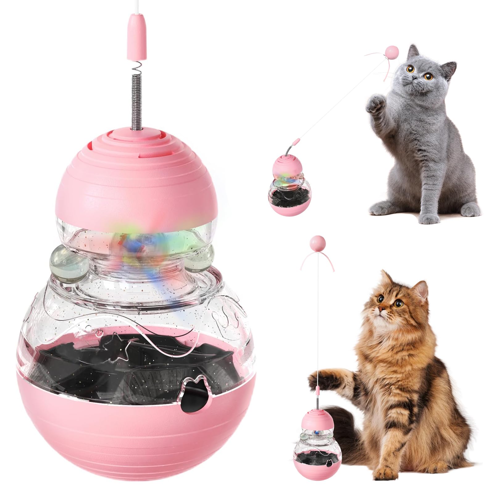 COSOWO Cat Interactive Toys Engaging Wand, Slow Food Treat Dispenser, and Tumbler Design for Indoor Cats Durable, Non-Toxic, Ideal for Exercise and Boredom Relief Gift for Kitten, Pink