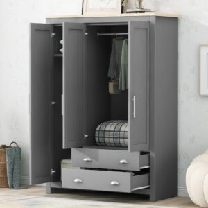 Merax 3 Doors Grey Wood Wardrobe Cabinets, Bedroom Accent Armoire Closet Organizer with Big Drawers, Hanging Rails and Shelve, Functional Clothes Storage Cabinet for Home Room, Dorm, Apartment, Gray