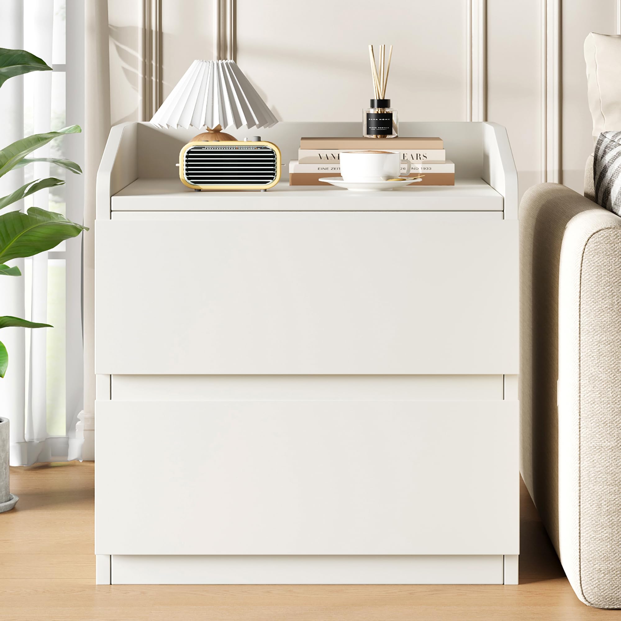 IDEALHOUSE Nightstand with Drawers Bedside Table White End Table Modern Bed Side Table 2 Drawers Night Stand Drom Side Table Curved with Handle Free Design for Living Room