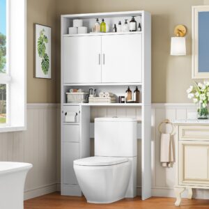 yitahome over the toilet storage, bathroom storage over the toilet, bathroom cabinet with adjustable shelves, double doors, trash can placement ring, tissue box holder for bathroom (white)