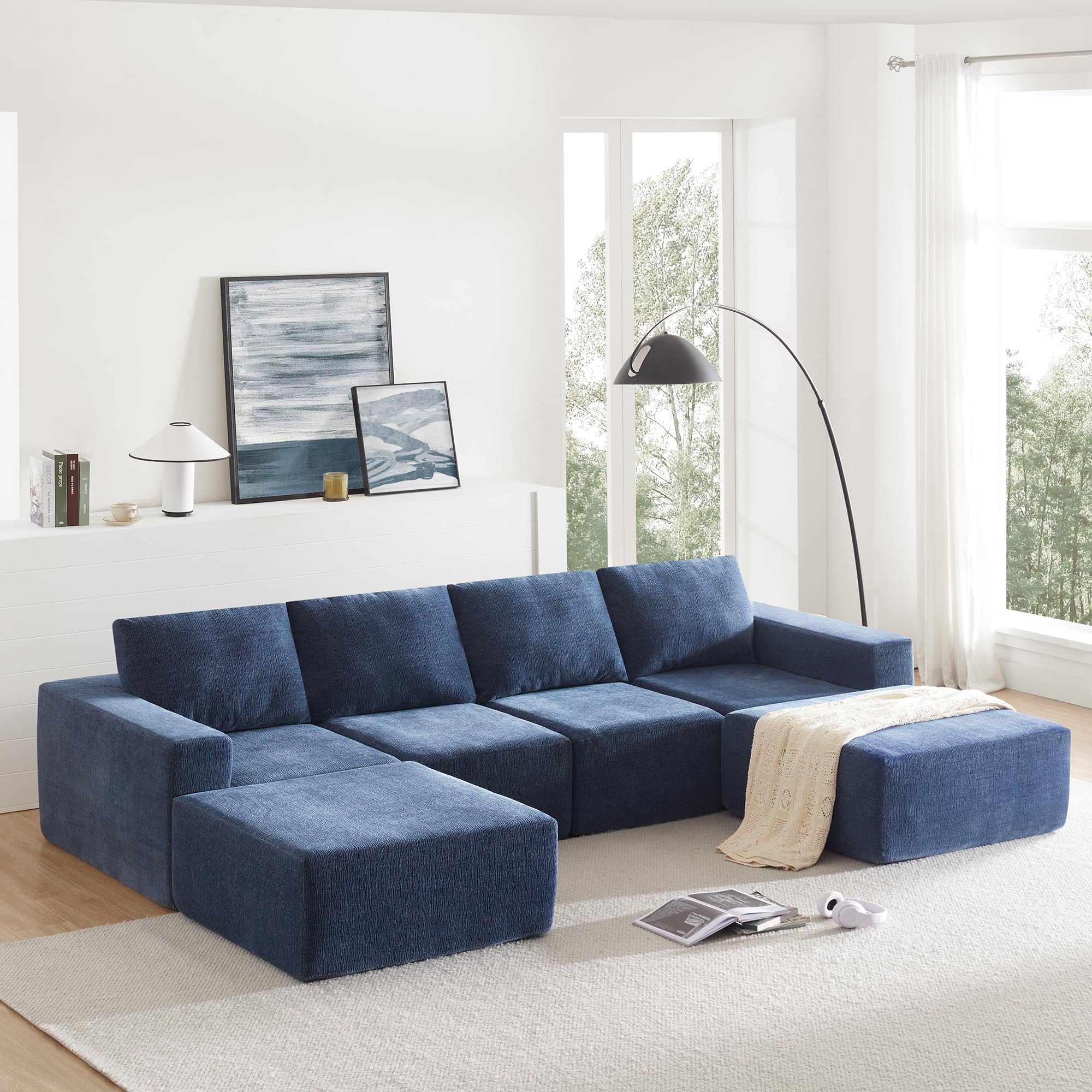 Merax 110”Oversized Sectional Sofa with Removable Ottomans, Navy 6 Seat U Shaped Sleeper Cloud Couch Set, Living Room Reversible Upholstered Sofabed for Apartment, No Assembly Required, Blue