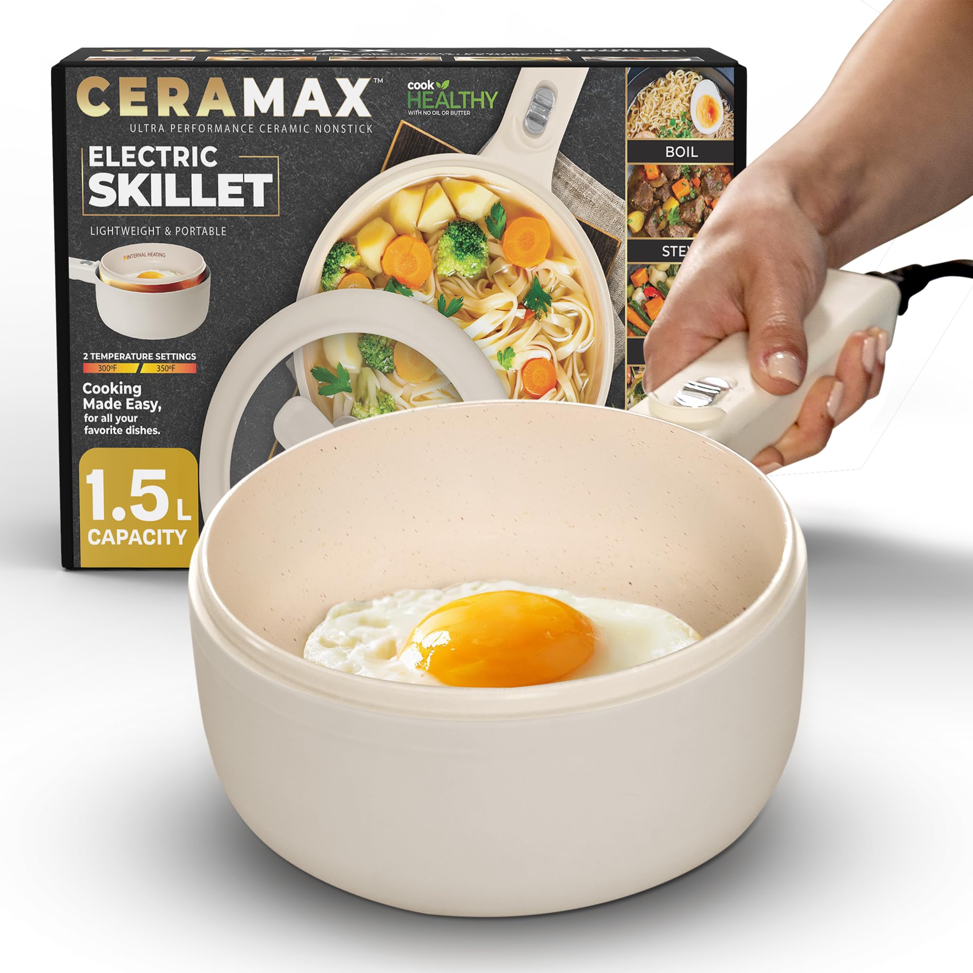 CERAMAX Electric Pot for Cooking, 10” Electric Cooker, Nonstick Electric Skillet with Lid and Steamer, Ceramic Hot Pot Electric Frying Pan for Dorm Rooms, Camping, RVs, Work, As Seen on TV Products