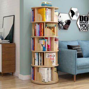 5 tier rotating bookshelf tower, spinning bookcase 360 revolving book shelf, floor standing bookcase storage rack for kids adults solid wood bookshelf organizer