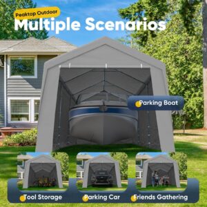 PEAKTOP OUTDOOR 12x20 ft Heavy Duty Carports, Portable Car Canopy, Garage Tent, Boat Shelter with Reinforced Triangular Beams and Ground Bar, Removable Sidewall & Zipper Doors, Grey