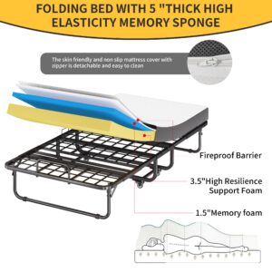 Folding Bed with Mattress 5" Memory Foam, 75" x 39" Portable Foldable Bed for Adults, Twin Rollaway Bed Guest Bed for Bedroom, Office, Camp, Space-Saving, Capacity 500lbs