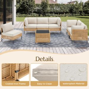 FEISHOMINOO 7 Piece Outdoor Patio Furniture Set, Oversize Outdoor Sectional Furniture, Rattan Chairs Glass Table Wicker Conversation Seating Sectional Sofa with Cushion Deep Seating for Porch