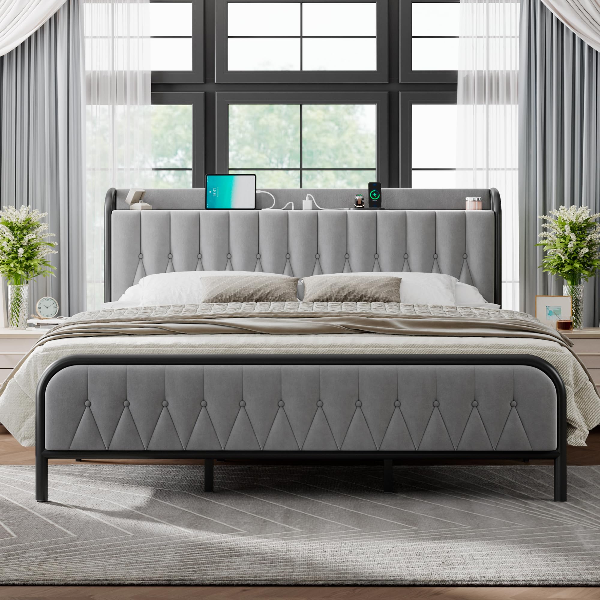 Feonase Velvet King Szie Bed Frame with Fast Charging Station,Metal Platform Beds with Upholstered Headboard & Footboard,12" Underbed Storage Space, Easy Assembly,Noise-Free,Matte Gray