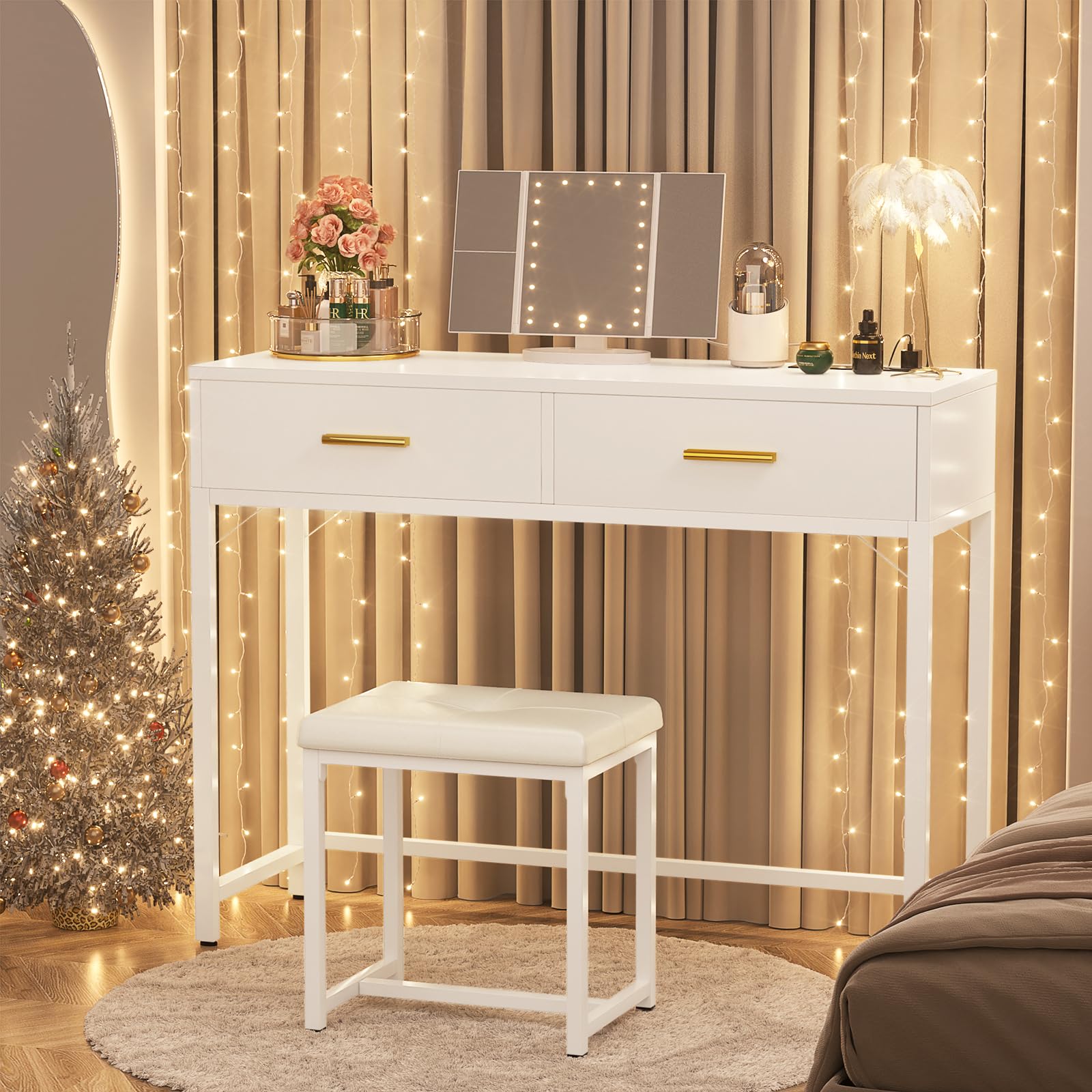 Girapow Vanity Desk with Power Outlets and Lights, 36'' Makeup Vanity with Tri Fold Lighted Mirror, White Vanity Set with Drawers, Vanity Table with Cushion Stool, Small Makeup Table for Bedroom,White