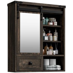 bathroom wall cabinet, farmhouse medicine cabinet with sliding mirror door and adjustable shelves, over the toilet space saver storage cabinet with towels bar, wall mounted cupboard