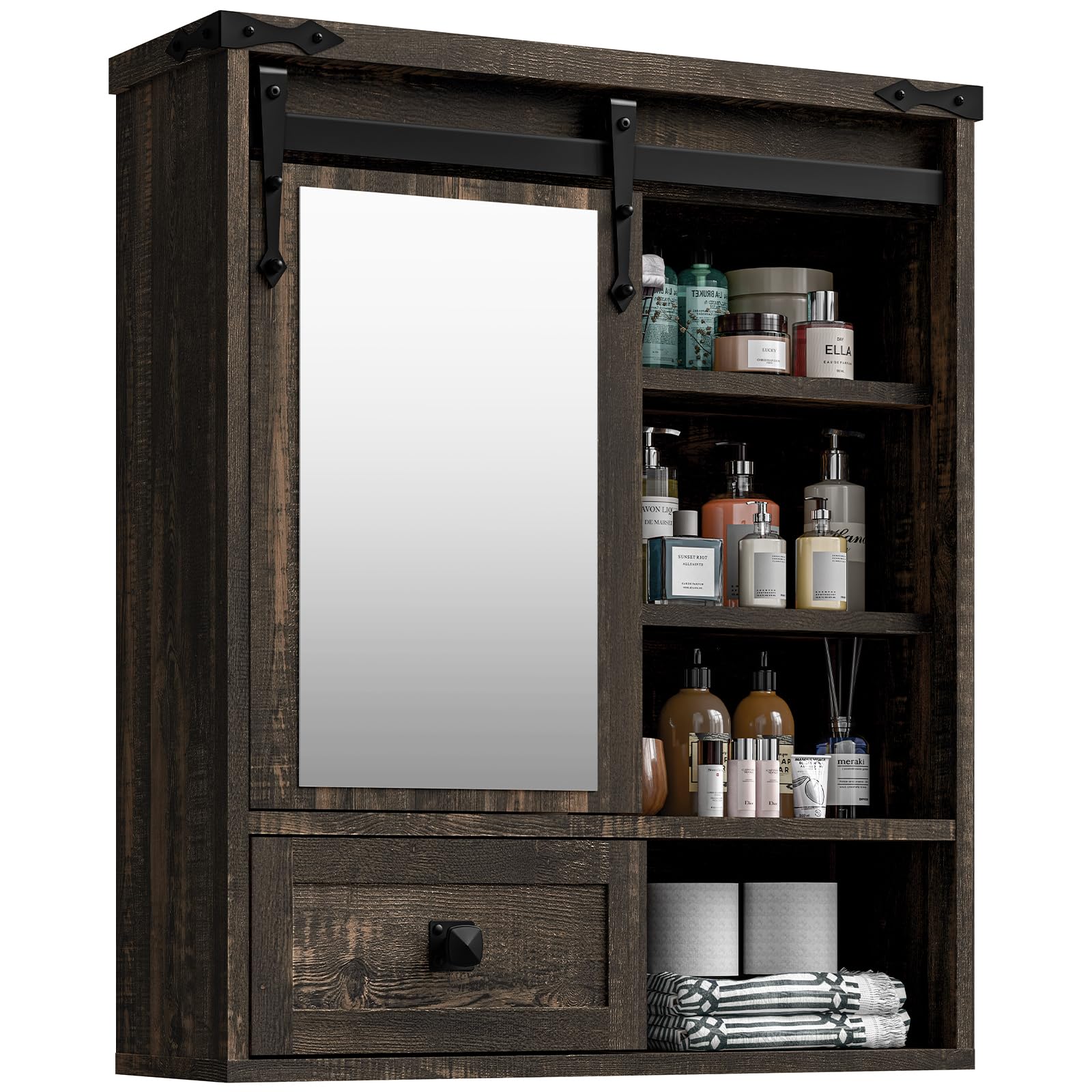 Bathroom Wall Cabinet, Farmhouse Medicine Cabinet with Sliding Mirror Door and Adjustable Shelves, Over The Toilet Space Saver Storage Cabinet with Towels Bar, Wall Mounted Cupboard