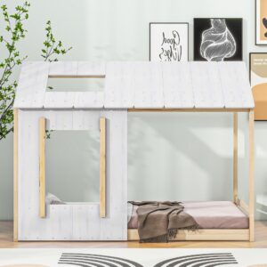 THINK 30 House Platform Bed, Platform Bed with Roof and Window, Twin Size, White+Natural