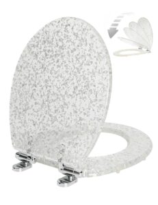 angol shiold resin round toilet seat glitter silver, slow quiet-close heavy duty acrylic toilet seats for standard toilets, easy installation & cleaning (round 17", silver foil, upgraded hinge)