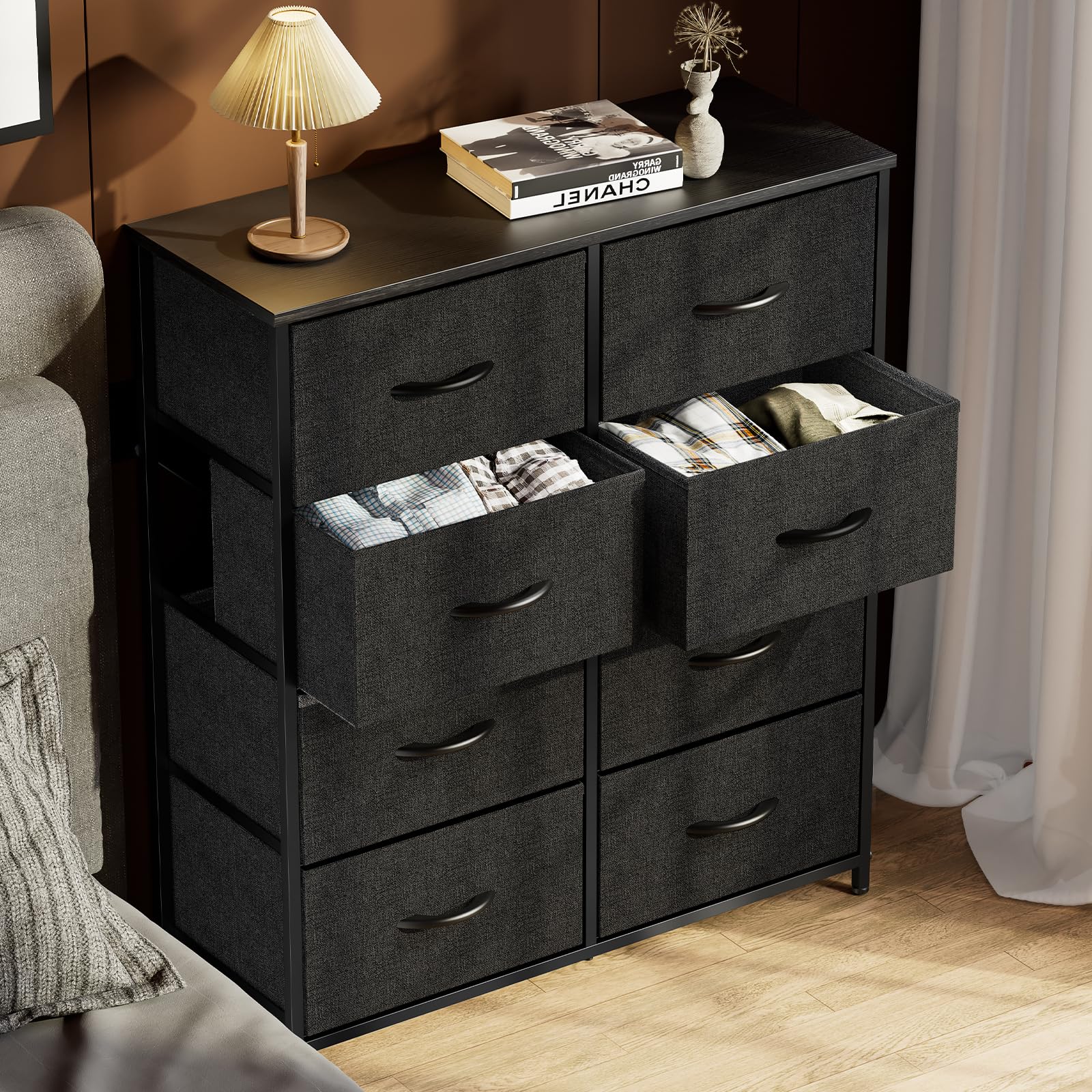 Bedroom Dresser, Tall Dresser and Fabric Storage Tower, Bedroom Chest of Drawers, Organizer Unit with 8 Drawers, Locker, Hallway, Closet, Wooden Top and Sturdy Steel Frame (Black)