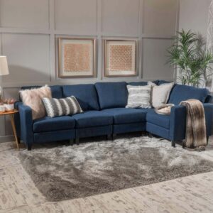 kaimei mirod 5-piece l-shaped sofa, navy blue fabric sectional sofa with wooden legs for living room