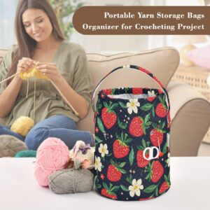 Fustylead Hand Draw Red Strawberry and Beautiful Floral Crochet Drawstring Organizer, Large Yarn Bag Storage Tote Basket for Crocheting On The Go, Kit Holder, Gift for Knitter, Crochet Beginner