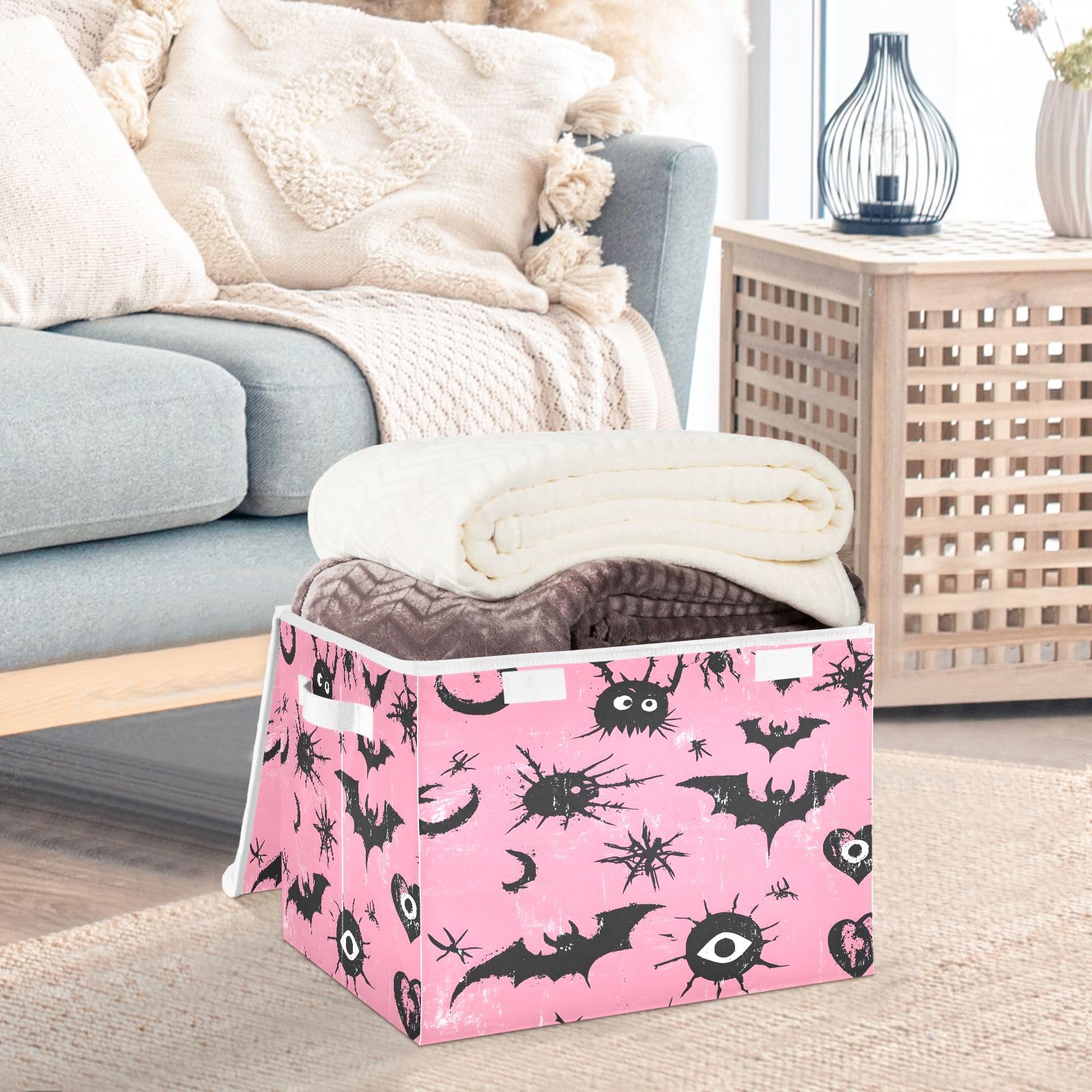 Storage Bins with Lids and Handles,Bat Pink Background Storage Box Storage Basket with Cover Collapsible Organizer Containers for Home Closet, Shelves