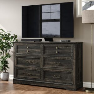 Furnihold Farmhouse 6 Drawers Dresser for Bedroom, Black Double Dresser, Wide Chest of Drawers for Bedroom, Living Room,Hallway