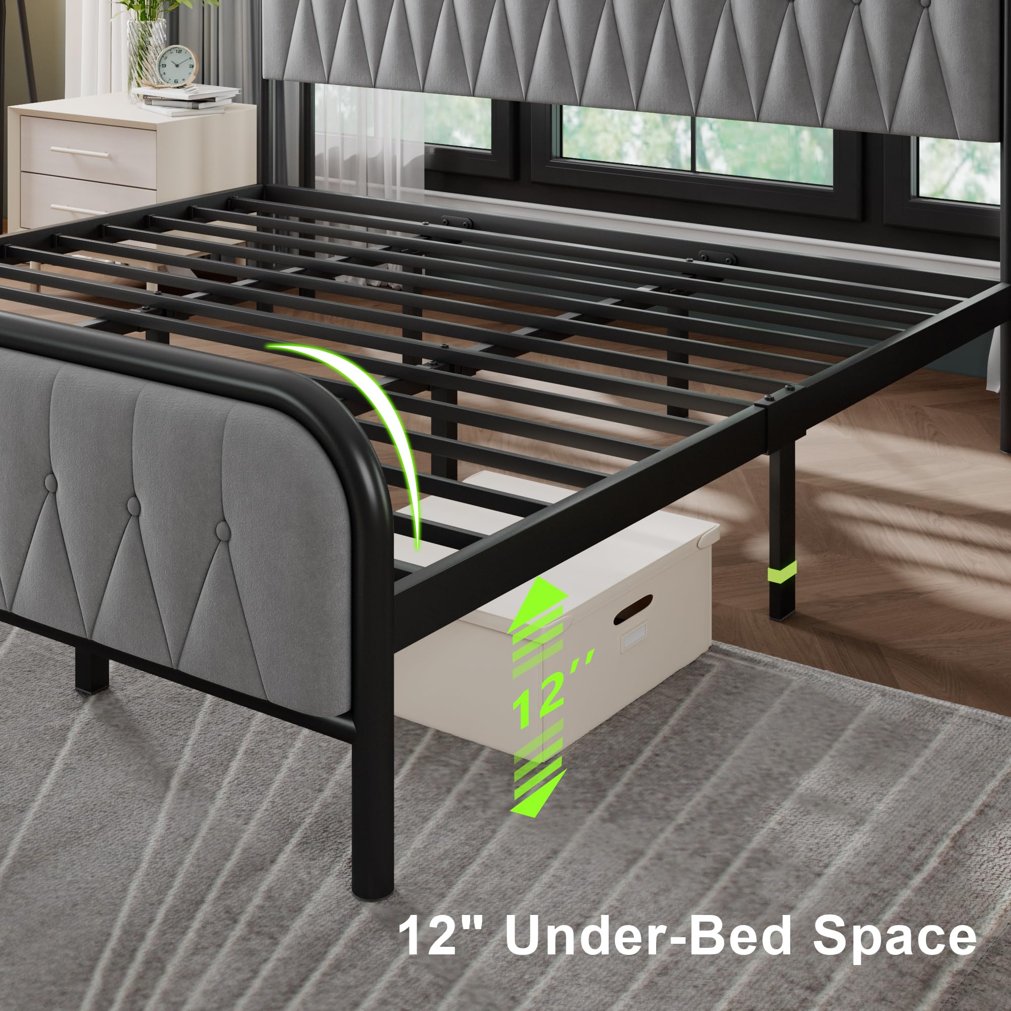 Feonase Velvet King Szie Bed Frame with Fast Charging Station,Metal Platform Beds with Upholstered Headboard & Footboard,12" Underbed Storage Space, Easy Assembly,Noise-Free,Matte Gray